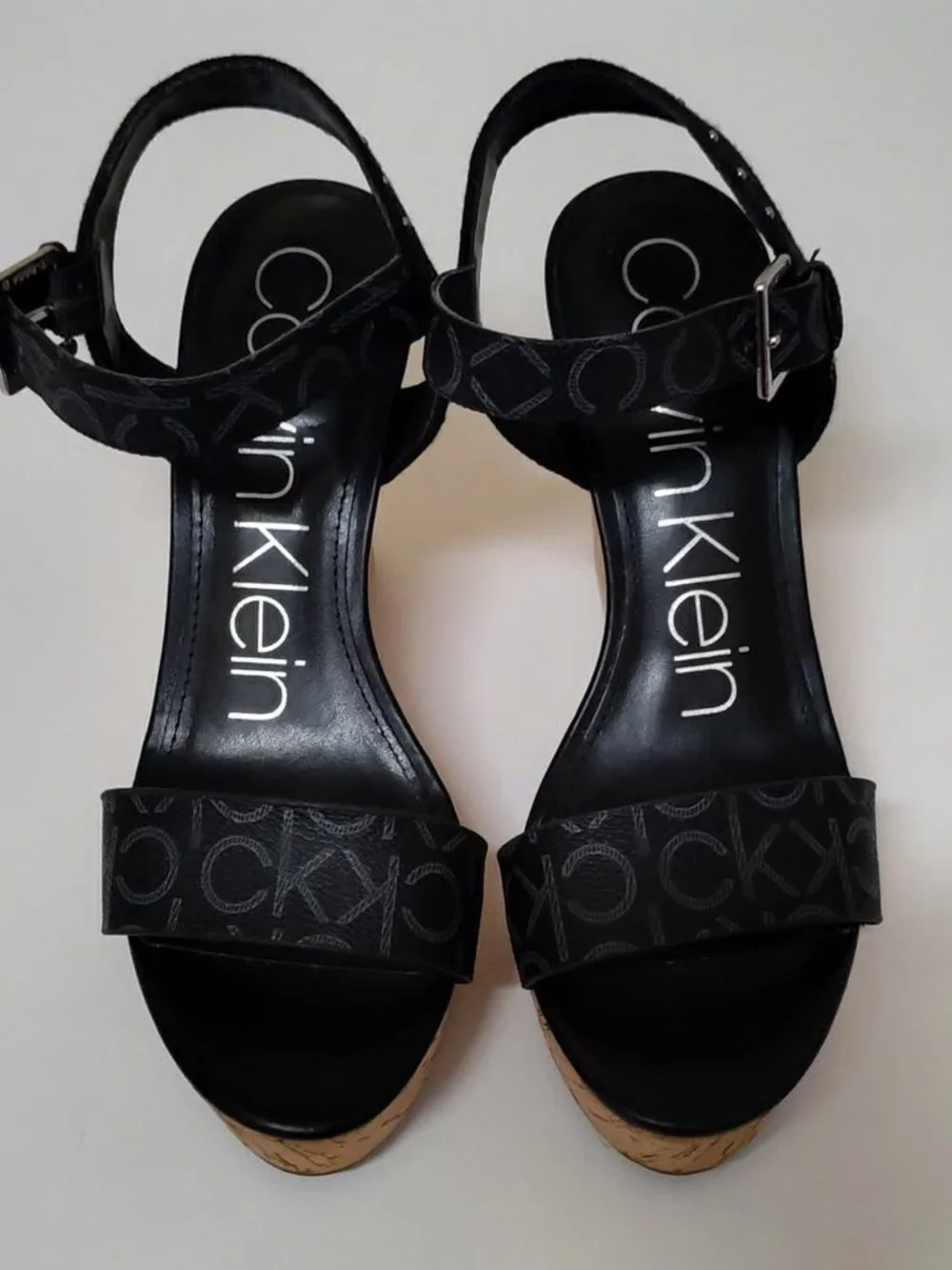 Calvin Klein Black logo Cork Wedge Platform sandal size 8